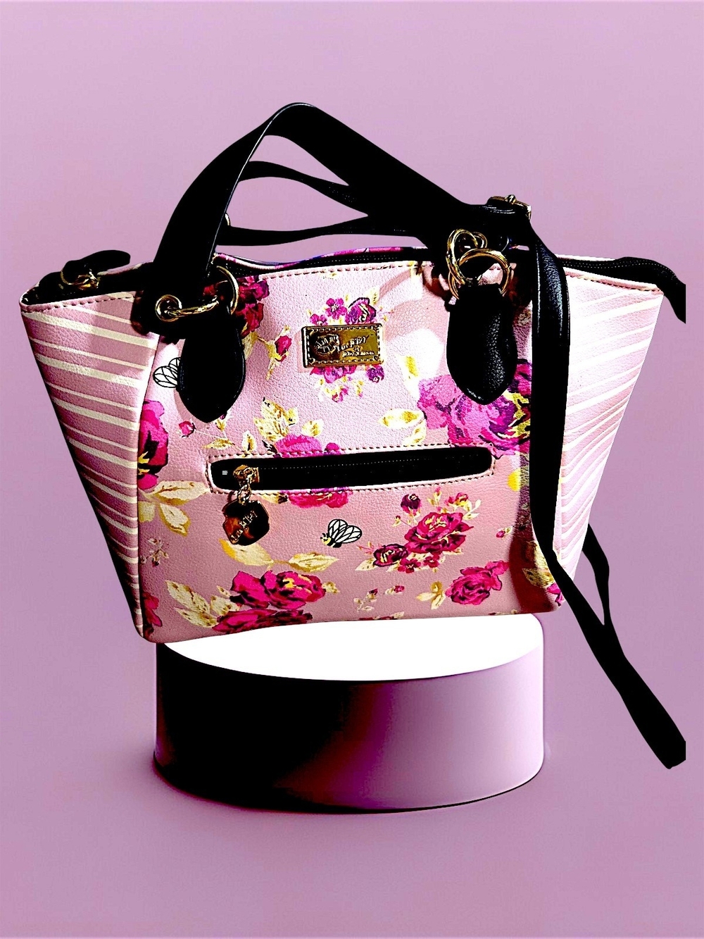 Luv Betsey by Betsey Johnson Honey Bee Floral Striped Satchel in Pink/Black